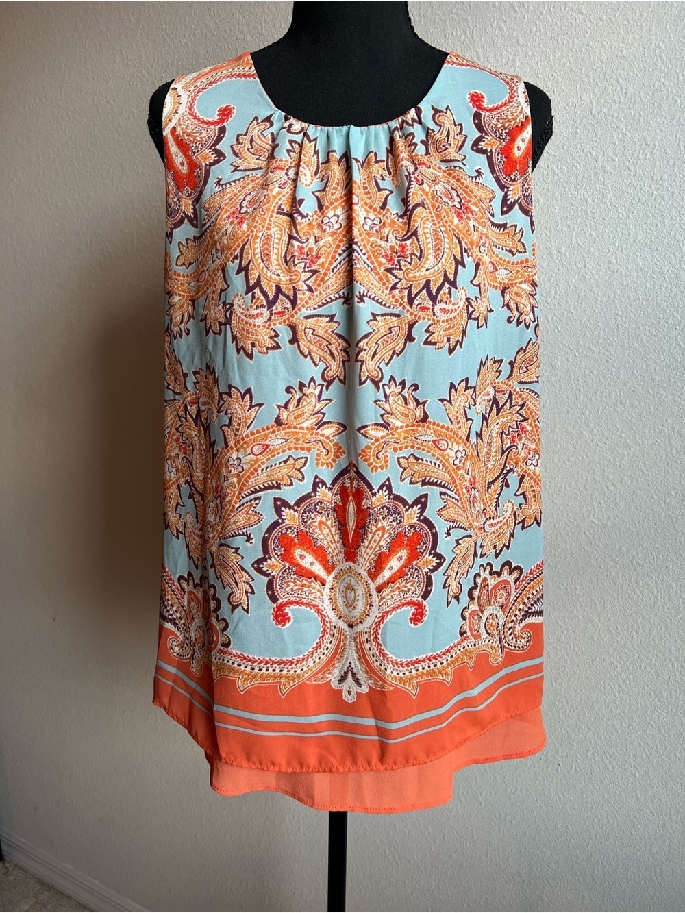 Rose & Olive Orange and Light Blue Paisley Summer Flowy Sleeveless A-Line